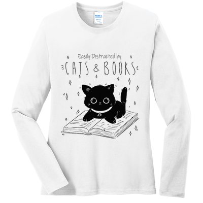 Easily Distracted By Cats And Books Funny Cat & Book Lover Ladies Long Sleeve Shirt