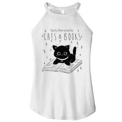 Easily Distracted By Cats And Books Funny Cat & Book Lover Women's Perfect Tri Rocker Tank