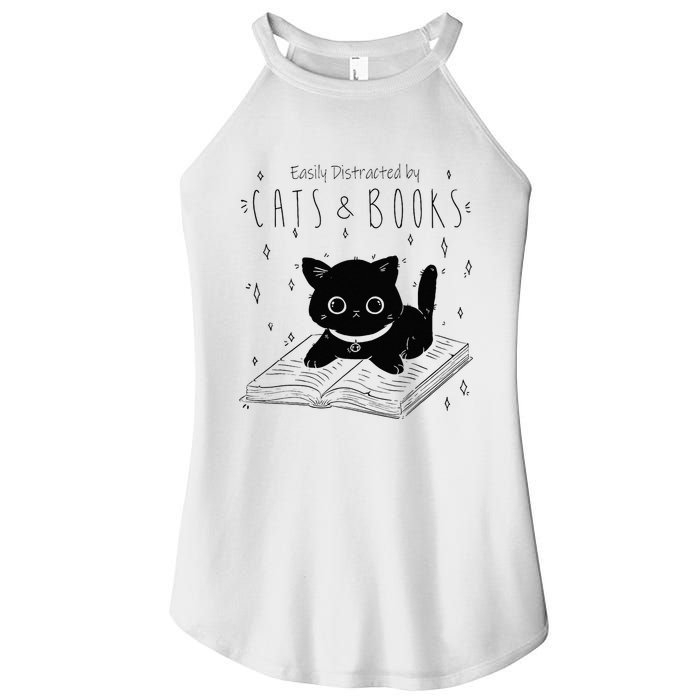 Easily Distracted By Cats And Books Funny Cat & Book Lover Women's Perfect Tri Rocker Tank