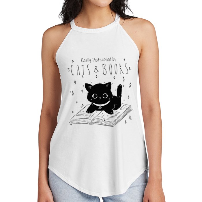 Easily Distracted By Cats And Books Funny Cat & Book Lover Women's Perfect Tri Rocker Tank
