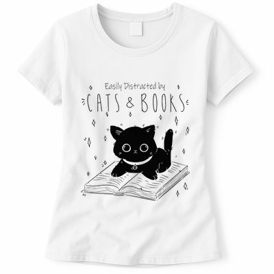 Easily Distracted By Cats And Books Funny Cat & Book Lover Womens T-Shirt