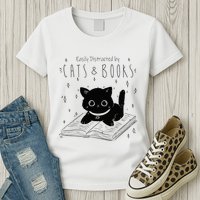 Easily Distracted By Cats And Books Funny Cat & Book Lover Womens T-Shirt