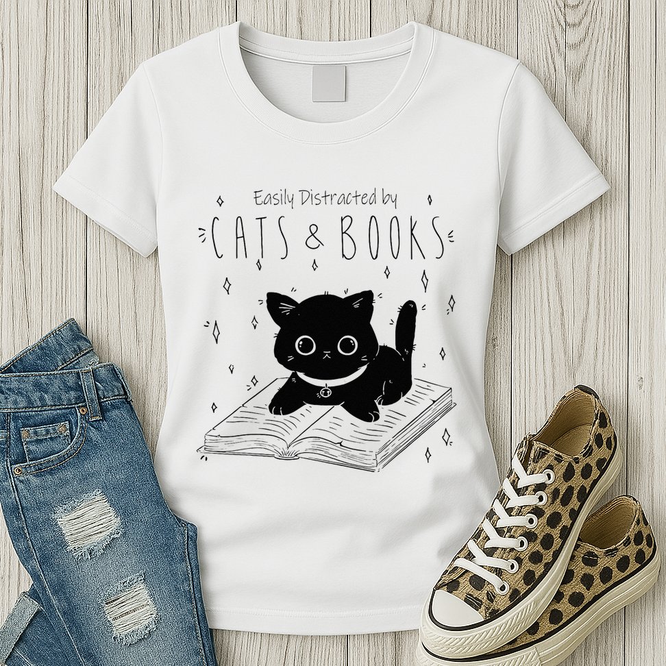 Easily Distracted By Cats And Books Funny Cat & Book Lover Womens T-Shirt
