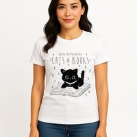 Easily Distracted By Cats And Books Funny Cat & Book Lover Womens T-Shirt
