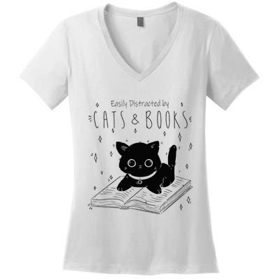 Easily Distracted By Cats And Books Funny Cat & Book Lover Women's V-Neck T-Shirt