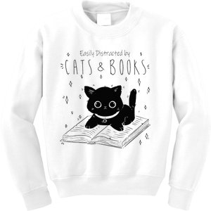 Easily Distracted By Cats And Books Funny Cat & Book Lover Kids Sweatshirt