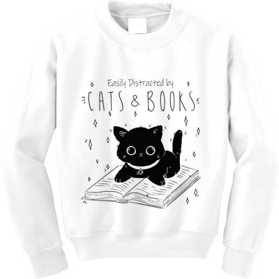 Easily Distracted By Cats And Books Funny Cat & Book Lover Kids Sweatshirt