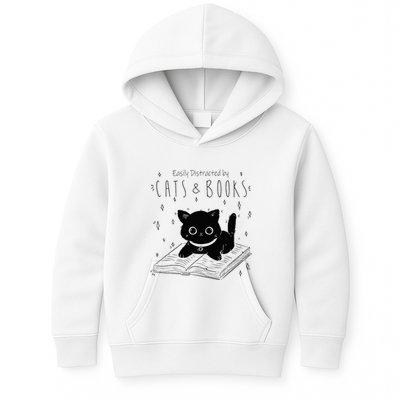 Easily Distracted By Cats And Books Funny Cat & Book Lover Kids Hoodie