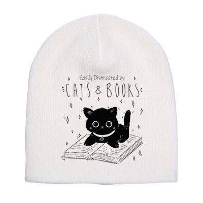 Easily Distracted By Cats And Books Funny Cat & Book Lover Short Acrylic Beanie
