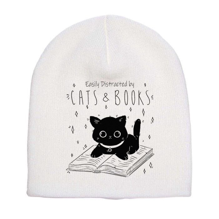 Easily Distracted By Cats And Books Funny Cat & Book Lover Short Acrylic Beanie
