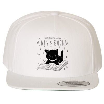 Easily Distracted By Cats And Books Funny Cat & Book Lover Wool Snapback Cap