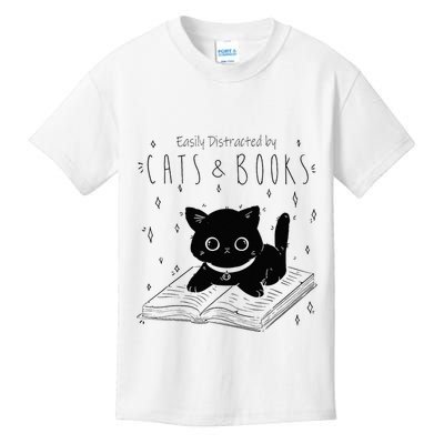 Easily Distracted By Cats And Books Funny Cat & Book Lover Kids T-Shirt