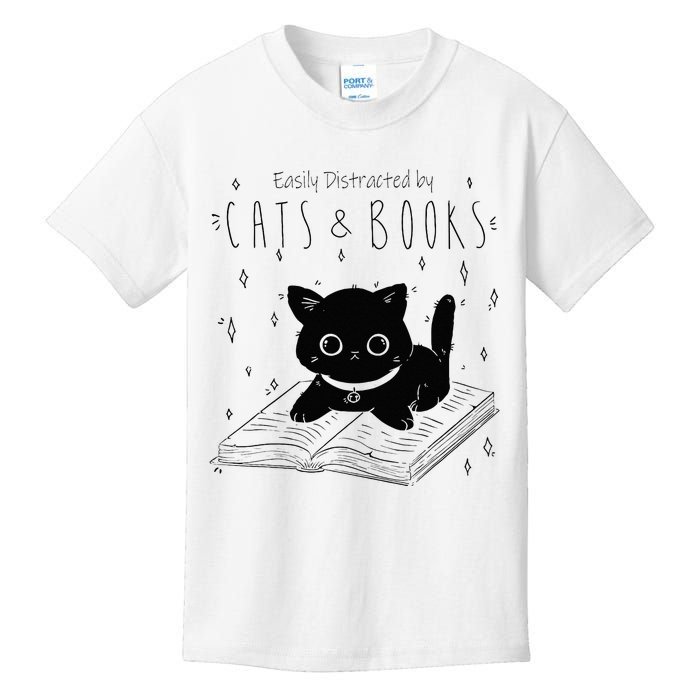 Easily Distracted By Cats And Books Funny Cat & Book Lover Kids T-Shirt