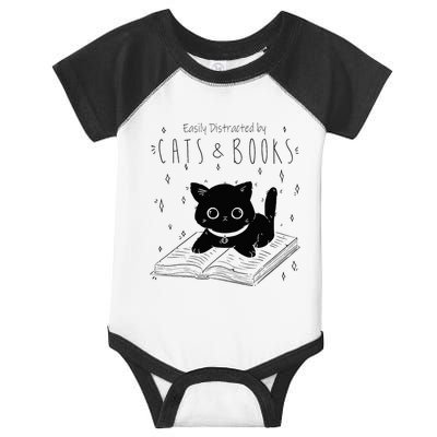 Easily Distracted By Cats And Books Funny Cat & Book Lover Infant Baby Jersey Bodysuit