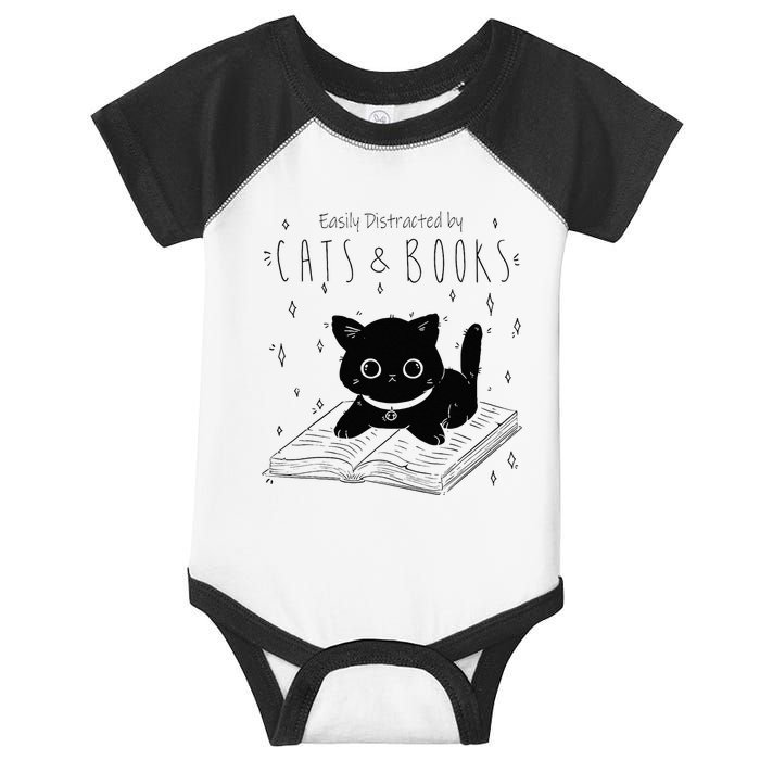 Easily Distracted By Cats And Books Funny Cat & Book Lover Infant Baby Jersey Bodysuit