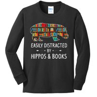 Easily Distracted By Hippos & Books Lover Gift Horse River Kids Long Sleeve Shirt