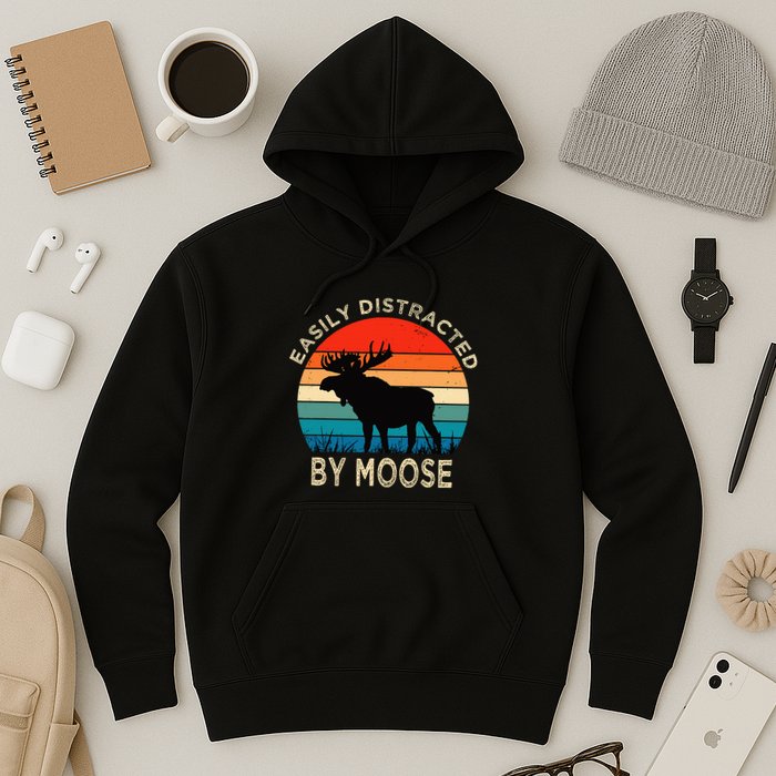 Easily Distracted By Moose Vintage Funny Moose Hoodie