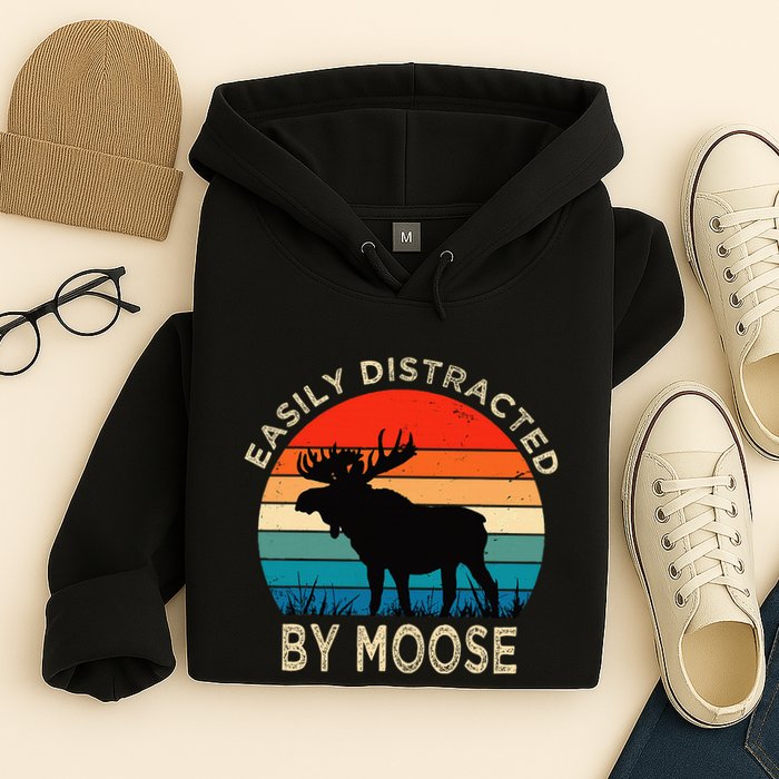 Easily Distracted By Moose Vintage Funny Moose Hoodie