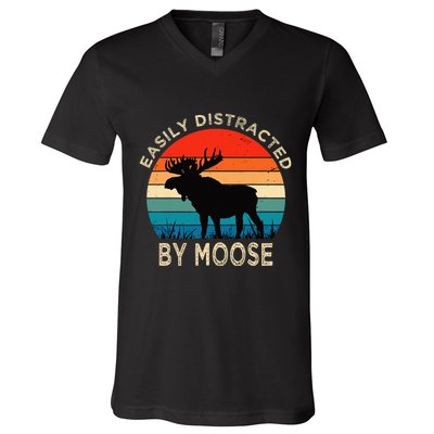 Easily Distracted By Moose Vintage Funny Moose V-Neck T-Shirt