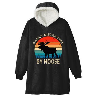 Easily Distracted By Moose Vintage Funny Moose Hooded Wearable Blanket