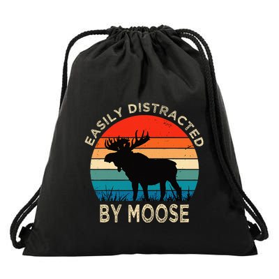 Easily Distracted By Moose Vintage Funny Moose Drawstring Bag