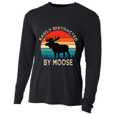 Easily Distracted By Moose Vintage Funny Moose Cooling Performance Long Sleeve Crew
