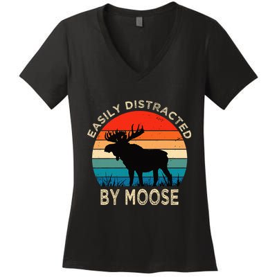 Easily Distracted By Moose Vintage Funny Moose Women's V-Neck T-Shirt