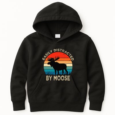Easily Distracted By Moose Vintage Funny Moose Kids Hoodie