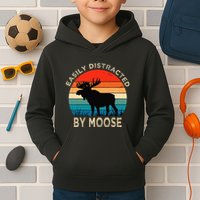 Easily Distracted By Moose Vintage Funny Moose Kids Hoodie