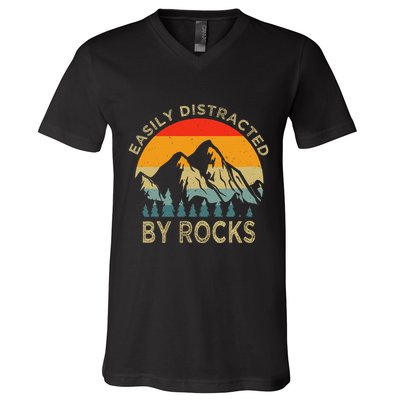 Easily Distracted By Rocks Vintage Funny Rocks V-Neck T-Shirt