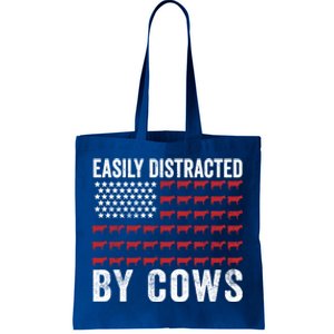 Easily Distracted By Cows Gift Funny Cow American Flag Cool Gift Tote Bag