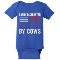 Easily Distracted By Cows Gift Funny Cow American Flag Cool Gift Baby Bodysuit