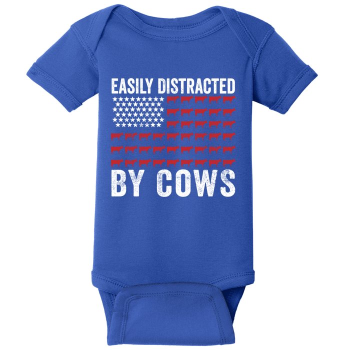 Easily Distracted By Cows Gift Funny Cow American Flag Cool Gift Baby Bodysuit