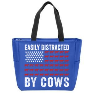 Easily Distracted By Cows Gift Funny Cow American Flag Cool Gift Zip Tote Bag