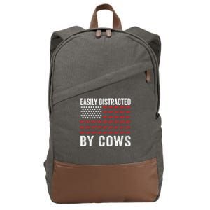 Easily Distracted By Cows Gift Funny Cow American Flag Cool Gift Cotton Canvas Backpack