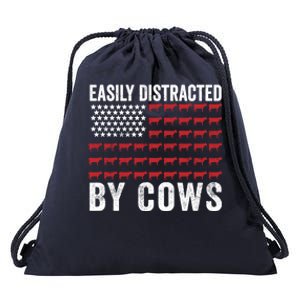 Easily Distracted By Cows Gift Funny Cow American Flag Cool Gift Drawstring Bag