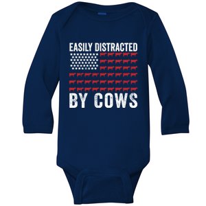 Easily Distracted By Cows Gift Funny Cow American Flag Cool Gift Baby Long Sleeve Bodysuit