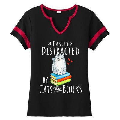 Easily Distracted by Cats and Books - Funny Cat & Book Lover Ladies Halftime Notch Neck Tee