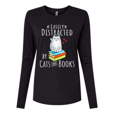 Easily Distracted by Cats and Books - Funny Cat & Book Lover Womens Cotton Relaxed Long Sleeve T-Shirt