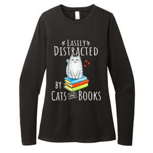 Easily Distracted by Cats and Books - Funny Cat & Book Lover Womens CVC Long Sleeve Shirt