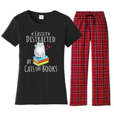 Easily Distracted by Cats and Books - Funny Cat & Book Lover Women's Flannel Pajama Set