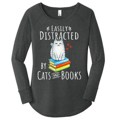 Easily Distracted by Cats and Books - Funny Cat & Book Lover Women's Perfect Tri Tunic Long Sleeve Shirt