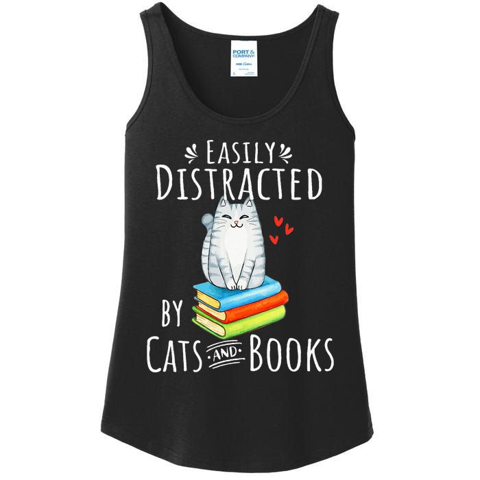 Easily Distracted by Cats and Books - Funny Cat & Book Lover Ladies Essential Tank