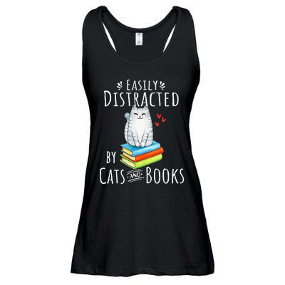 Easily Distracted by Cats and Books - Funny Cat & Book Lover Ladies Essential Flowy Tank