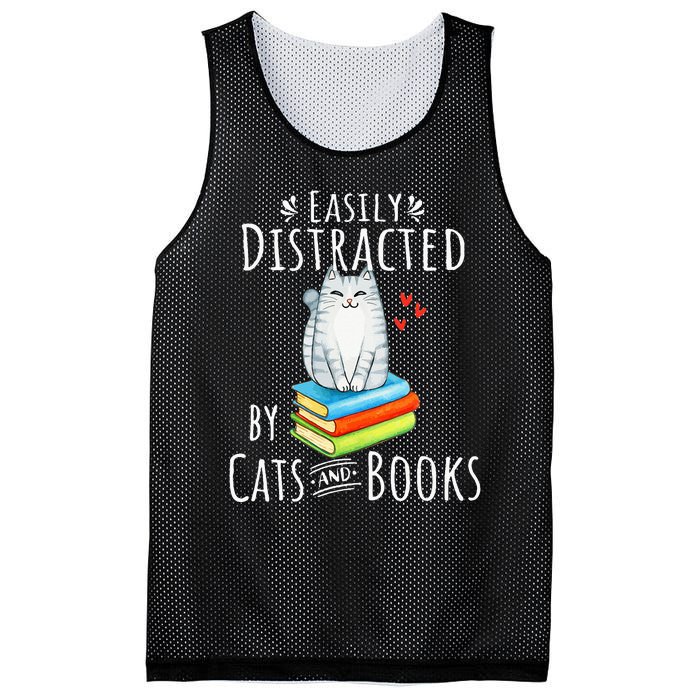 Easily Distracted by Cats and Books - Funny Cat & Book Lover Mesh Reversible Basketball Jersey Tank