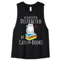 Easily Distracted by Cats and Books - Funny Cat & Book Lover Women's Racerback Cropped Tank