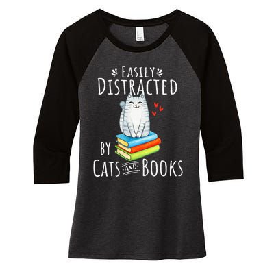 Easily Distracted by Cats and Books - Funny Cat & Book Lover Women's Tri-Blend 3/4-Sleeve Raglan Shirt