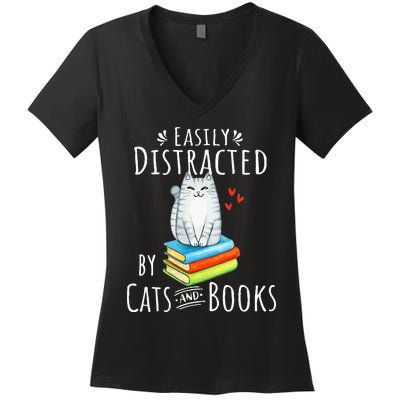 Easily Distracted by Cats and Books - Funny Cat & Book Lover Women's V-Neck T-Shirt