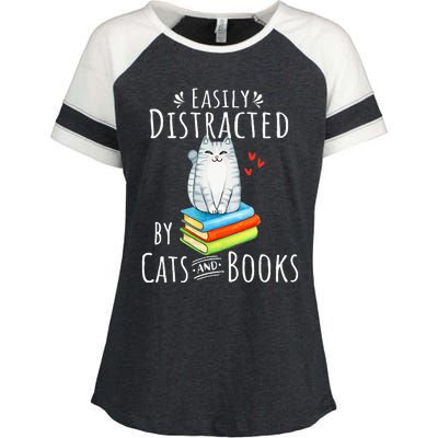 Easily Distracted by Cats and Books - Funny Cat & Book Lover Enza Ladies Jersey Colorblock Tee