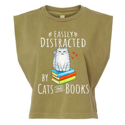 Easily Distracted by Cats and Books - Funny Cat & Book Lover Garment-Dyed Women's Muscle Tee